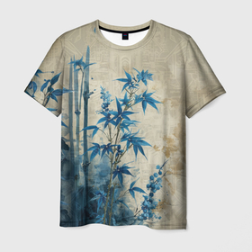 Мужская футболка 3D с принтом Сад синих цветов в Тюмени, 100% полиэфир | прямой крой, круглый вырез горловины, длина до линии бедер | 