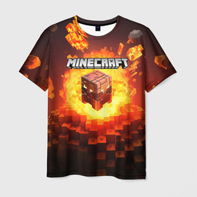 Мужская футболка 3D с принтом Огненный minecraft лого в Курске, 100% полиэфир | прямой крой, круглый вырез горловины, длина до линии бедер | Тематика изображения на принте: 