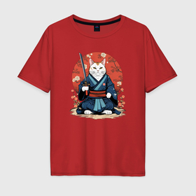 Мужская футболка хлопок Oversize с принтом Кот самурай   японский стиль в Екатеринбурге, 100% хлопок | свободный крой, круглый ворот, “спинка” длиннее передней части | Тематика изображения на принте: 