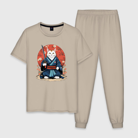 Мужская пижама хлопок с принтом Кот самурай   японский стиль в Тюмени, 100% хлопок | брюки и футболка прямого кроя, без карманов, на брюках мягкая резинка на поясе и по низу штанин
 | Тематика изображения на принте: 