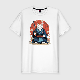 Мужская футболка хлопок Slim с принтом Кот самурай   японский стиль в Екатеринбурге, 92% хлопок, 8% лайкра | приталенный силуэт, круглый вырез ворота, длина до линии бедра, короткий рукав | Тематика изображения на принте: 