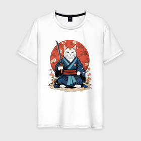 Мужская футболка хлопок с принтом Кот самурай   японский стиль в Кировске, 100% хлопок | прямой крой, круглый вырез горловины, длина до линии бедер, слегка спущенное плечо. | Тематика изображения на принте: 