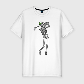 Мужская футболка хлопок Slim с принтом Golfing skeleton в Петрозаводске, 92% хлопок, 8% лайкра | приталенный силуэт, круглый вырез ворота, длина до линии бедра, короткий рукав | 