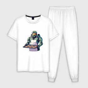 Мужская пижама хлопок с принтом Мастер Чиф halo , 100% хлопок | брюки и футболка прямого кроя, без карманов, на брюках мягкая резинка на поясе и по низу штанин
 | 