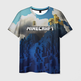 Мужская футболка 3D с принтом Minecraft лого и горы в Курске, 100% полиэфир | прямой крой, круглый вырез горловины, длина до линии бедер | Тематика изображения на принте: 