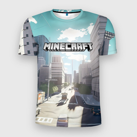 Мужская футболка 3D Slim с принтом Minecraft  дневной город в Новосибирске, 100% полиэстер с улучшенными характеристиками | приталенный силуэт, круглая горловина, широкие плечи, сужается к линии бедра | 