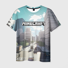 Мужская футболка 3D с принтом Minecraft  дневной город , 100% полиэфир | прямой крой, круглый вырез горловины, длина до линии бедер | 