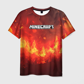 Мужская футболка 3D с принтом Minecraft logo  fire в Курске, 100% полиэфир | прямой крой, круглый вырез горловины, длина до линии бедер | 