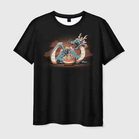 Мужская футболка 3D с принтом Лазурный дракон и рамен в Петрозаводске, 100% полиэфир | прямой крой, круглый вырез горловины, длина до линии бедер | 