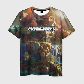 Мужская футболка 3D с принтом Minecraft logo горы и реки в Курске, 100% полиэфир | прямой крой, круглый вырез горловины, длина до линии бедер | Тематика изображения на принте: 