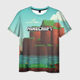 Мужская футболка 3D с принтом Minecraft logo горы и озеро в Курске, 100% полиэфир | прямой крой, круглый вырез горловины, длина до линии бедер | Тематика изображения на принте: 