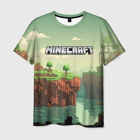 Мужская футболка 3D с принтом Minecraft logo  квадратный мир в Курске, 100% полиэфир | прямой крой, круглый вырез горловины, длина до линии бедер | 