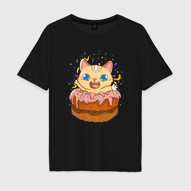 Мужская футболка хлопок Oversize с принтом Кот и торт в Новосибирске, 100% хлопок | свободный крой, круглый ворот, “спинка” длиннее передней части | 