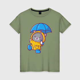 Женская футболка хлопок с принтом Котёнок гуляет под дождём в Белгороде, 100% хлопок | прямой крой, круглый вырез горловины, длина до линии бедер, слегка спущенное плечо | 