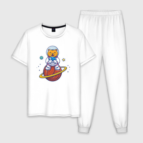 Мужская пижама хлопок с принтом Космический котейка в Кировске, 100% хлопок | брюки и футболка прямого кроя, без карманов, на брюках мягкая резинка на поясе и по низу штанин
 | 