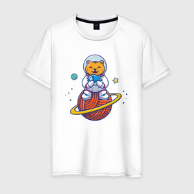 Мужская футболка хлопок с принтом Космический котейка в Кировске, 100% хлопок | прямой крой, круглый вырез горловины, длина до линии бедер, слегка спущенное плечо. | 