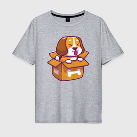 Мужская футболка хлопок Oversize с принтом Собачка в коробке в Екатеринбурге, 100% хлопок | свободный крой, круглый ворот, “спинка” длиннее передней части | Тематика изображения на принте: 