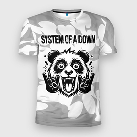 Мужская футболка 3D Slim с принтом System of a Down рок панда на светлом фоне , 100% полиэстер с улучшенными характеристиками | приталенный силуэт, круглая горловина, широкие плечи, сужается к линии бедра | 