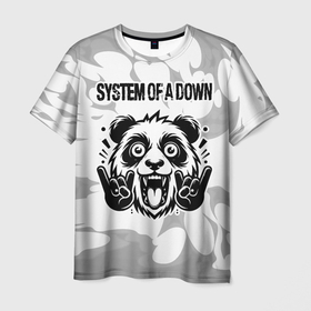 Мужская футболка 3D с принтом System of a Down рок панда на светлом фоне в Санкт-Петербурге, 100% полиэфир | прямой крой, круглый вырез горловины, длина до линии бедер | Тематика изображения на принте: 