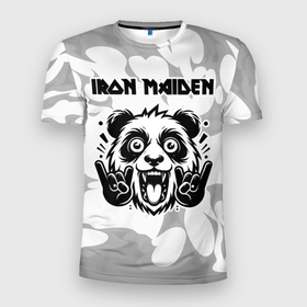 Мужская футболка 3D Slim с принтом Iron Maiden рок панда на светлом фоне в Санкт-Петербурге, 100% полиэстер с улучшенными характеристиками | приталенный силуэт, круглая горловина, широкие плечи, сужается к линии бедра | Тематика изображения на принте: 