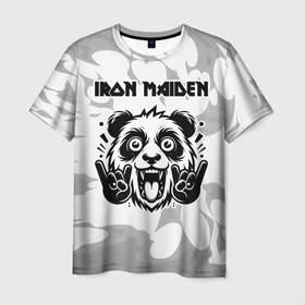 Мужская футболка 3D с принтом Iron Maiden рок панда на светлом фоне , 100% полиэфир | прямой крой, круглый вырез горловины, длина до линии бедер | 