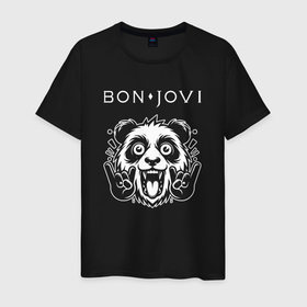 Мужская футболка хлопок с принтом Bon Jovi rock panda в Петрозаводске, 100% хлопок | прямой крой, круглый вырез горловины, длина до линии бедер, слегка спущенное плечо. | 