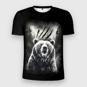 Мужская футболка 3D Slim с принтом Большой бурый медведь в Санкт-Петербурге, 100% полиэстер с улучшенными характеристиками | приталенный силуэт, круглая горловина, широкие плечи, сужается к линии бедра | 