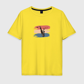 Мужская футболка хлопок Oversize с принтом Саксофон на фоне мазков краски в Петрозаводске, 100% хлопок | свободный крой, круглый ворот, “спинка” длиннее передней части | 