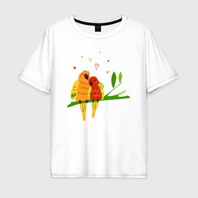 Мужская футболка хлопок Oversize с принтом Пара влюбленных попугаев на ветке в Курске, 100% хлопок | свободный крой, круглый ворот, “спинка” длиннее передней части | Тематика изображения на принте: 