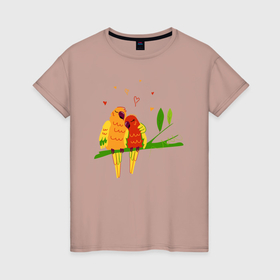Женская футболка хлопок с принтом Пара влюбленных попугаев на ветке , 100% хлопок | прямой крой, круглый вырез горловины, длина до линии бедер, слегка спущенное плечо | 
