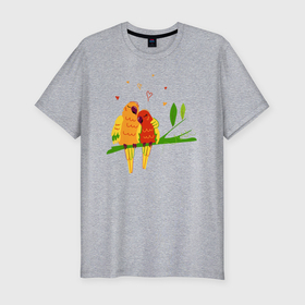 Мужская футболка хлопок Slim с принтом Пара влюбленных попугаев на ветке в Петрозаводске, 92% хлопок, 8% лайкра | приталенный силуэт, круглый вырез ворота, длина до линии бедра, короткий рукав | 