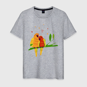 Мужская футболка хлопок с принтом Пара влюбленных попугаев на ветке в Кировске, 100% хлопок | прямой крой, круглый вырез горловины, длина до линии бедер, слегка спущенное плечо. | 