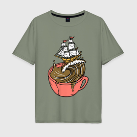 Мужская футболка хлопок Oversize с принтом Кофейный корабль в Екатеринбурге, 100% хлопок | свободный крой, круглый ворот, “спинка” длиннее передней части | 