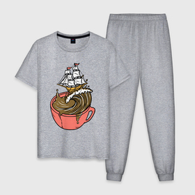 Мужская пижама хлопок с принтом Кофейный корабль в Екатеринбурге, 100% хлопок | брюки и футболка прямого кроя, без карманов, на брюках мягкая резинка на поясе и по низу штанин
 | 