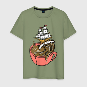 Мужская футболка хлопок с принтом Кофейный корабль в Курске, 100% хлопок | прямой крой, круглый вырез горловины, длина до линии бедер, слегка спущенное плечо. | 