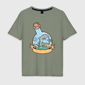 Мужская футболка хлопок Oversize с принтом Дельфин и лето в Петрозаводске, 100% хлопок | свободный крой, круглый ворот, “спинка” длиннее передней части | Тематика изображения на принте: 