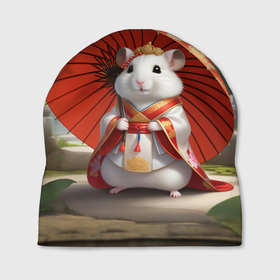 Шапка 3D с принтом Хомяк в китайской одежде с красным зонтиком , 100% полиэстер | универсальный размер, печать по всей поверхности изделия | Тематика изображения на принте: 