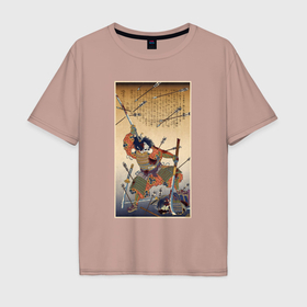 Мужская футболка хлопок Oversize с принтом Японский самурай с катаной и нагинатой: гравюра укиё э в Тюмени, 100% хлопок | свободный крой, круглый ворот, “спинка” длиннее передней части | Тематика изображения на принте: 