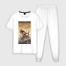 Мужская пижама хлопок с принтом Японский самурай с катаной и нагинатой: гравюра укиё э в Санкт-Петербурге, 100% хлопок | брюки и футболка прямого кроя, без карманов, на брюках мягкая резинка на поясе и по низу штанин
 | 