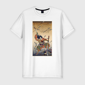 Мужская футболка хлопок Slim с принтом Японский самурай с катаной и нагинатой: гравюра укиё э , 92% хлопок, 8% лайкра | приталенный силуэт, круглый вырез ворота, длина до линии бедра, короткий рукав | Тематика изображения на принте: 