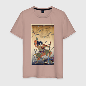 Мужская футболка хлопок с принтом Японский самурай с катаной и нагинатой: гравюра укиё э в Санкт-Петербурге, 100% хлопок | прямой крой, круглый вырез горловины, длина до линии бедер, слегка спущенное плечо. | 