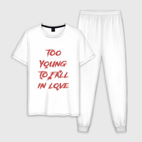 Мужская пижама хлопок с принтом Too Young to fall in love , 100% хлопок | брюки и футболка прямого кроя, без карманов, на брюках мягкая резинка на поясе и по низу штанин
 | 
