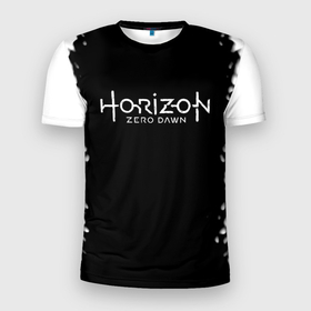 Мужская футболка 3D Slim с принтом Horizon zero dawn краски белые в Белгороде, 100% полиэстер с улучшенными характеристиками | приталенный силуэт, круглая горловина, широкие плечи, сужается к линии бедра | Тематика изображения на принте: 