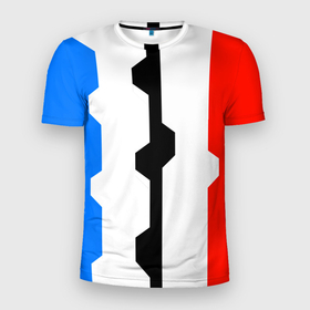 Мужская футболка 3D Slim с принтом Техно линии синий и красный в Екатеринбурге, 100% полиэстер с улучшенными характеристиками | приталенный силуэт, круглая горловина, широкие плечи, сужается к линии бедра | 