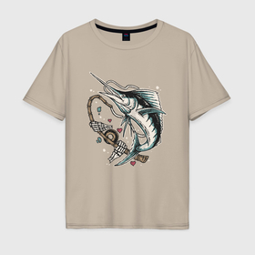 Мужская футболка хлопок Oversize с принтом Скелет рыбалка в Тюмени, 100% хлопок | свободный крой, круглый ворот, “спинка” длиннее передней части | 