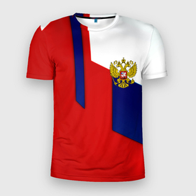 Мужская футболка 3D Slim с принтом Спортивная текстура герб России в Тюмени, 100% полиэстер с улучшенными характеристиками | приталенный силуэт, круглая горловина, широкие плечи, сужается к линии бедра | 