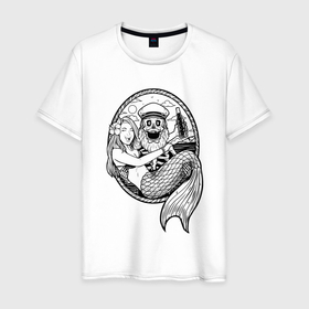 Мужская футболка хлопок с принтом Скелет и русалка в Тюмени, 100% хлопок | прямой крой, круглый вырез горловины, длина до линии бедер, слегка спущенное плечо. | 