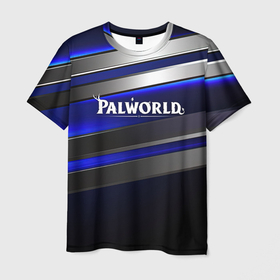 Мужская футболка 3D с принтом Palworld logo синие и серебристые полосы в городе Новоалтайск, 100% полиэфир | прямой крой, круглый вырез горловины, длина до линии бедер | 