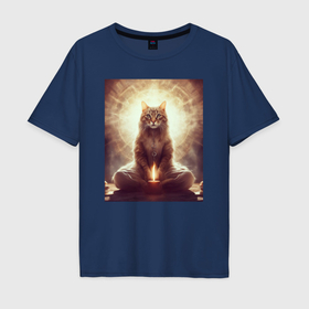 Мужская футболка хлопок Oversize с принтом Магический кот с огнем в Санкт-Петербурге, 100% хлопок | свободный крой, круглый ворот, “спинка” длиннее передней части | 