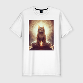 Мужская футболка хлопок Slim с принтом Магический кот с огнем в Санкт-Петербурге, 92% хлопок, 8% лайкра | приталенный силуэт, круглый вырез ворота, длина до линии бедра, короткий рукав | Тематика изображения на принте: 